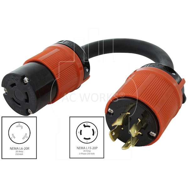 1ft 3-Phase 20A 250V L15-20P 4-Prong Plug To L6-20R Locking 20A 250V Connector